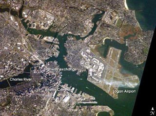 Aerial view of Boston and its surroundings.