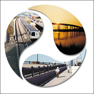 Examples of transportation infrastructure: a bridge, a bike path and a light-rail train.