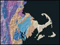 A map of North America with colors that represent the ages of the underlying rocks.