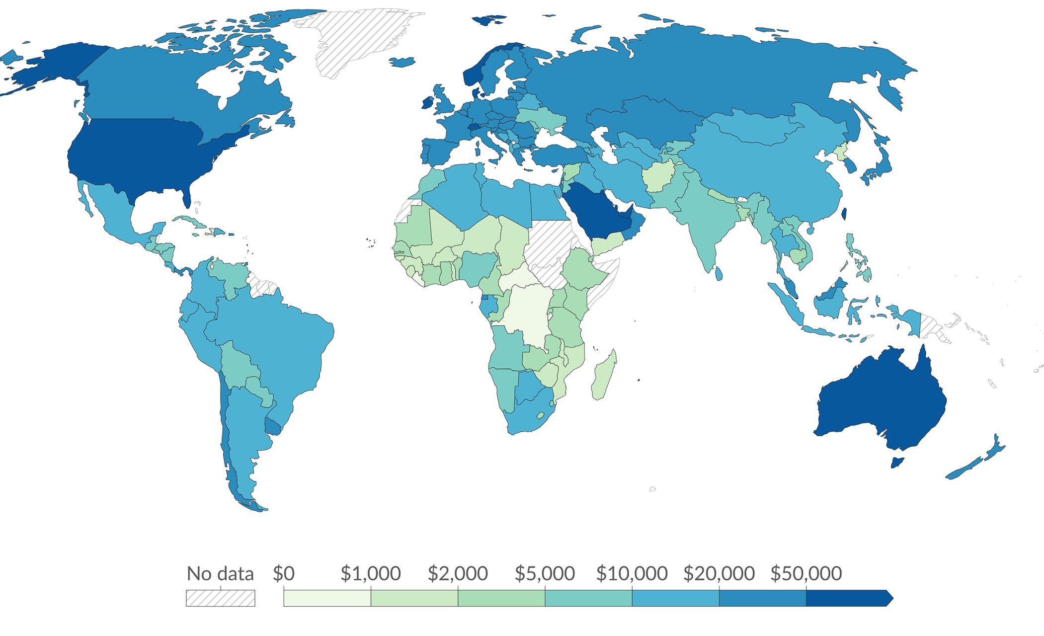 World map with countries colored in shades from light green to dark blue according to a scale ranging from no data and $0 to $50,000, with a legend at the bottom indicating economic values by region. Darker blue regions (including the United States and Australia) represent the highest values, while lighter green regions (primarily in Africa) represent lower values.