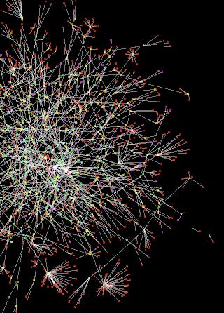 Network graph with many lines connecting dots.