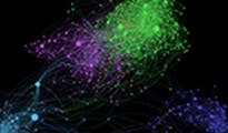 A data visualization that uses green, purple, teal, blue, and pink to represent clusters of Facebook users. 