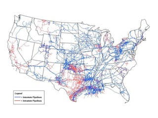 Map of the United States with red and blue lines extending within and across states.
