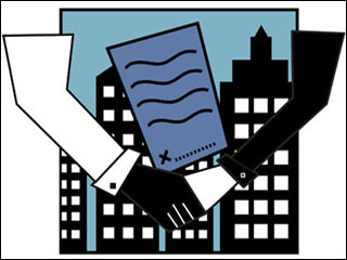 Illustration of a handshake in front of a contract with a city skyline in the background.