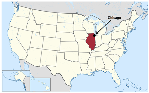 Map of the United States with Illinois in red and pointing to location of Chicago.