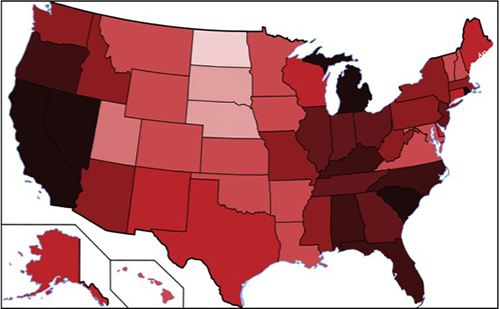U.S. state map indicating unemployment by state by varying shades of red.