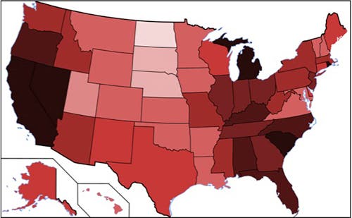 U.S. state map indicating unemployment by state by varying shades of red.