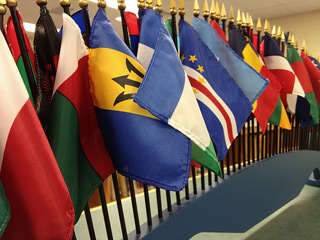 A number of standing flags arranged in a row.