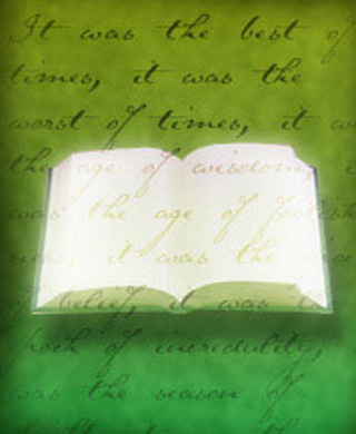 Illustration of an open book with a hand-written passage overlaid.