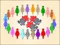 Figures forming a circle around a jigsaw puzzle.