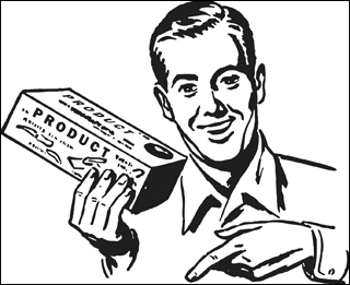 A drawing of a salesman holding a box marked "product."