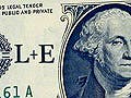 Close up of dollar bill with A equals L plus E written on it.
