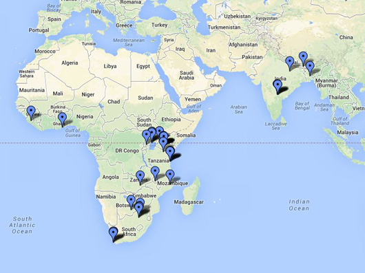 Map of Africa and India with destinations marked.