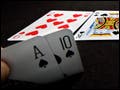 A hand of Texas Hold'em poker from the point of view of a player holding an ace high straight flush.