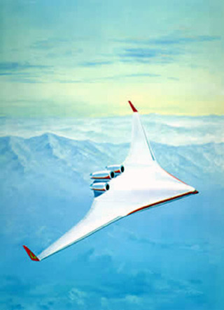 Sketch of a blended-wing-body aircraft in flight.