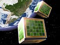 The graphic shows two cube satellites, or CubeSats, orbiting around Earth, which is shown far off in the background.