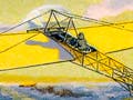 The image is a painting of a yellow old-time airplane flying across a blue ocean. At the lower left bottom is a portrait of the pilot with a name of Louis Bleriot written around the portrait.
