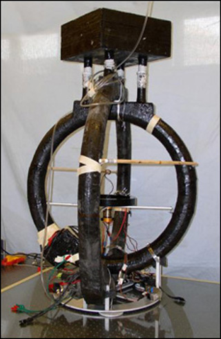 A photo of an electromagnetic device. It looks like a spokeless unicycle with another ring crossecting it and wires connected to it.
