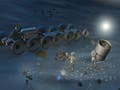 Artist's conception of astronauts setting up a lunar telescope array.