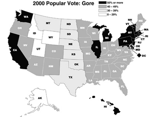 A map of the United States of America showing the breakdown of the popular vote.