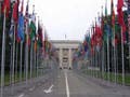 A photograph of the flag lined street that leads to the UN headquarters in Geneva, Switzerland.