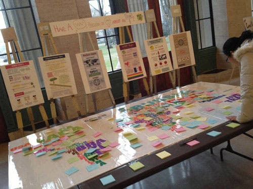 A display with multi-colored stickies representing world issues.