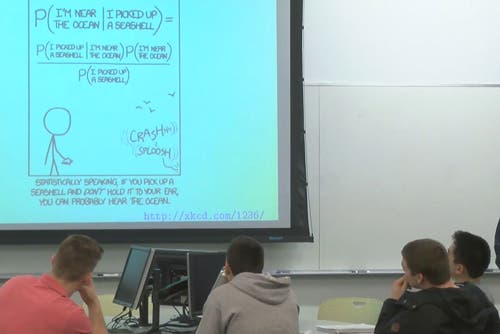 Four students sitting at a table look up at a project screen that is showing a comic.