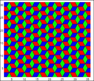 Multi-colored cubes arranged to create the illusion of hexagons.