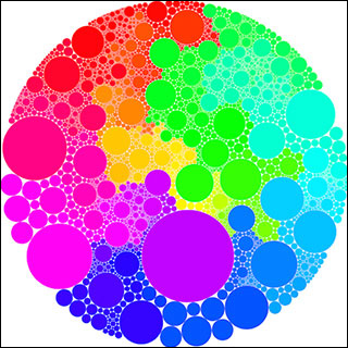 Multi-colored circles of various sizes all inside of a larger circle.