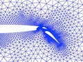 Spider web-like arrangement of connected triangles increasing in size from small in the center to large at the edges.