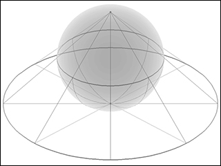 A gray sphere with black lines projecting from a single point on the sphere to a flat circle below.