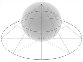 A gray sphere with black lines projecting from a single point on the sphere to a flat circle below.