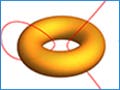 A donut shape object, a arrow pointing to two directions, and a circle filled with different colors and patterns.