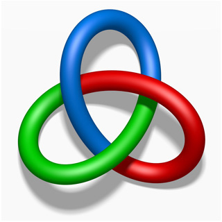 A knotted loop with the three colors red, green, and blue.