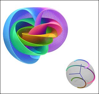 Three spheres made up of circles.