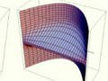 A computer rendering of two curved planes- one intersected by a line, the other has been modified to avoid the intsection by bending the plane.
