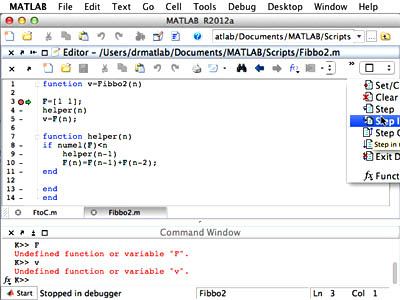 Screenshot of MATLAB’s debugger mode and stepping into a function.