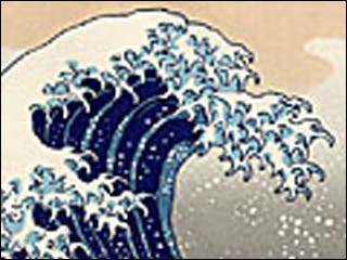 The Great Wave off Kanagawa by Japanese artist Hokusai. The print depicts an enormous ocean wave.