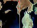 Satellite photos of the Aral Sea in 1977, 1989, and 2006.