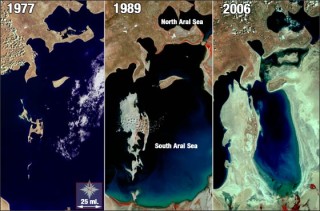 Satellite photos of the Aral Sea in 1977, 1989, and 2006.