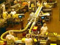 Workers dressed in white stand at various stations along a  winding conveyor belt carrying bricks of yellow cheese to be sliced, inspected, and packaged.