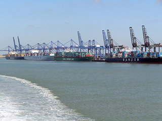Row of container ships in dock with cranes overhead.