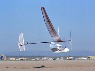 Photo of human powered aircraft being pedaled in flight.