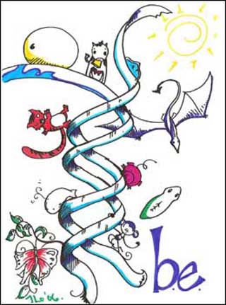 Creative drawing of whimsical creatures and a DNA double helix.