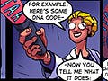 Two comic book panels featuring a researcher and her young assistant.