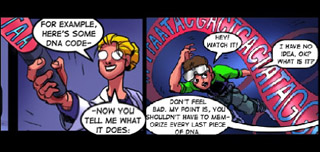 Two comic book panels featuring a researcher and her young assistant.