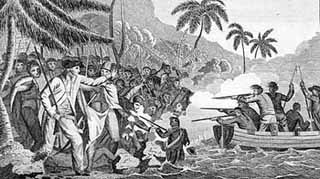 Engraving depicting the death of Captain James Cook at Kealakekua Bay, Hawaii.