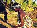 A woman in a brightly-colored dress working under a palm tree.