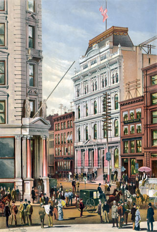 The New York Stock Exchange in 1882. A tall classical-style building with an American flag on top. Ladies and gentlemen are walking and riding in horse-drawn carriages at street-level.