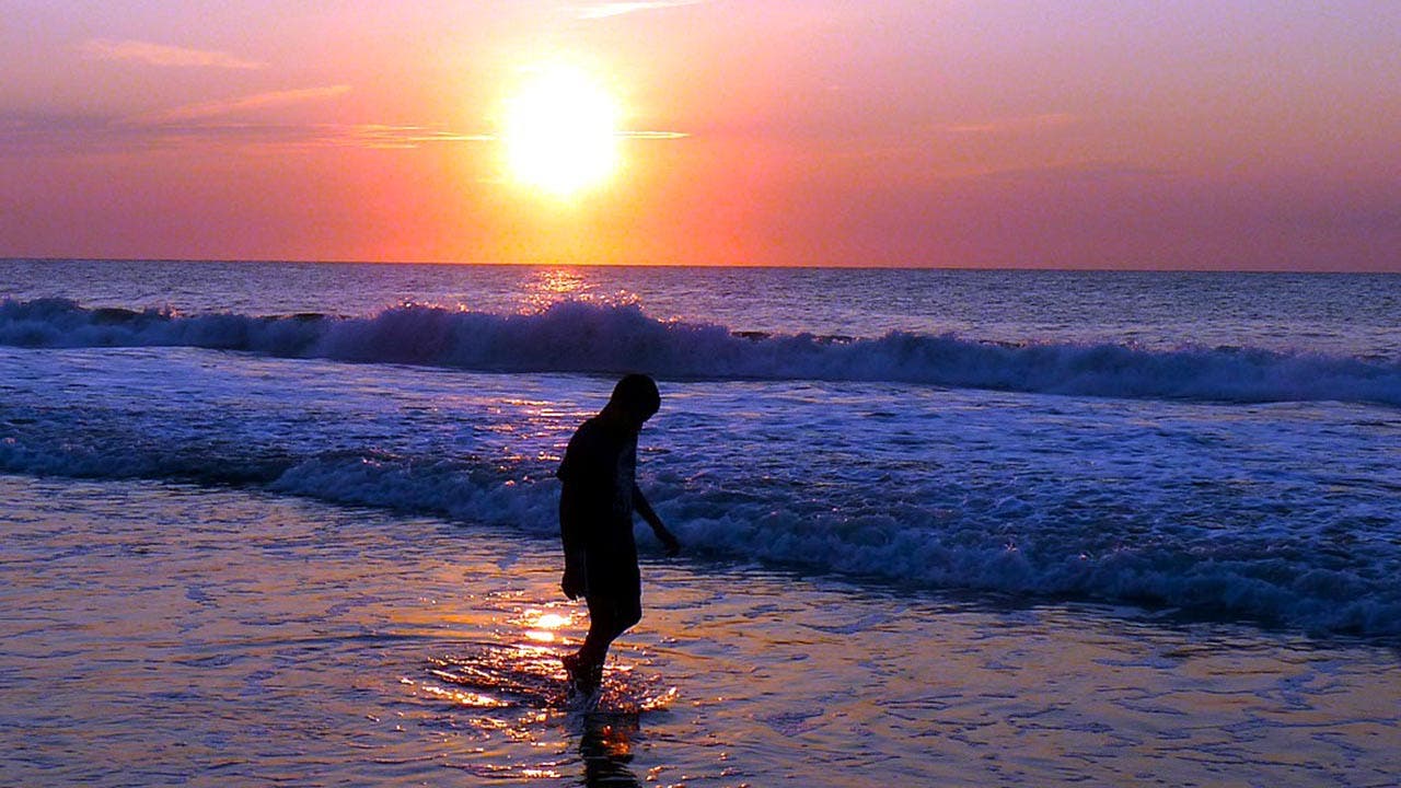 A small, silhouetted figure walks along a roiling ocean, with a rising sun in the background.